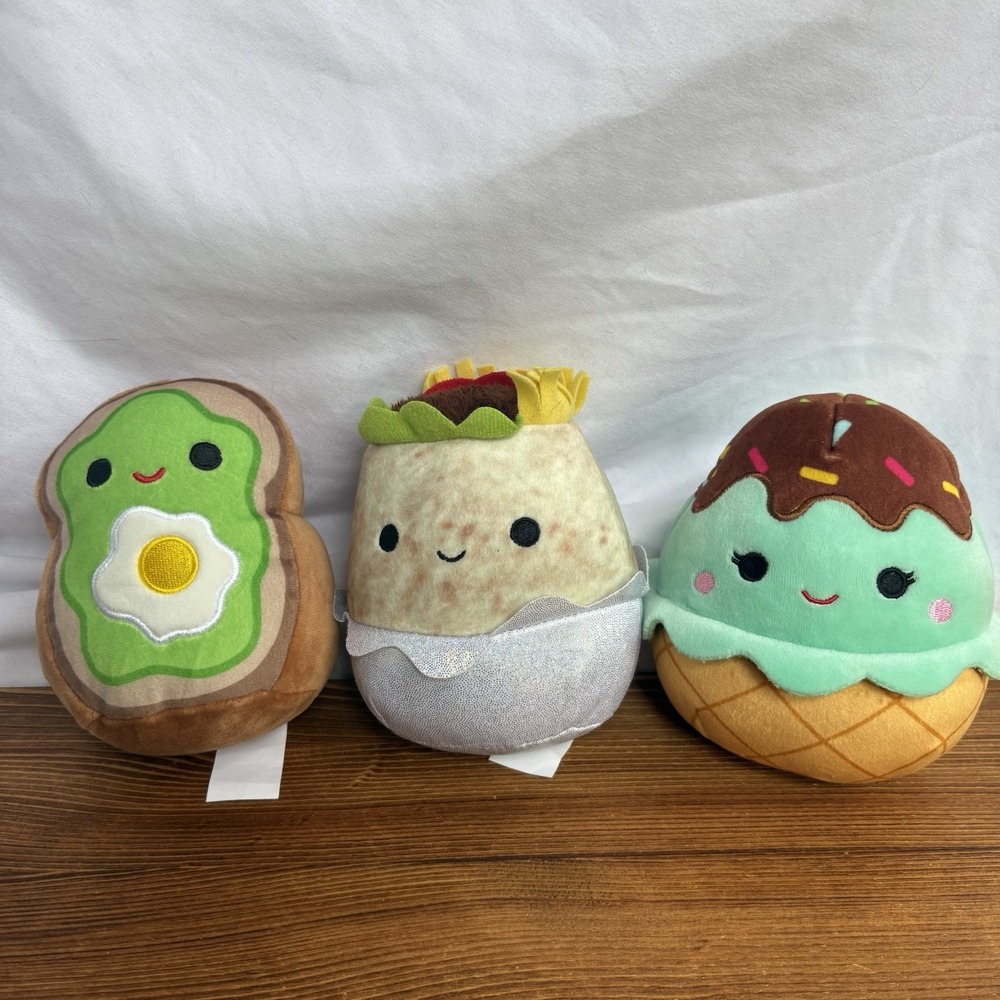 Squishmallows Food Plush Lot Avocado Toast Burrito Ice Cream Cone 3pc